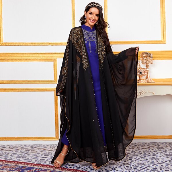 

Beaded Open Front Hooded Abaya, Black