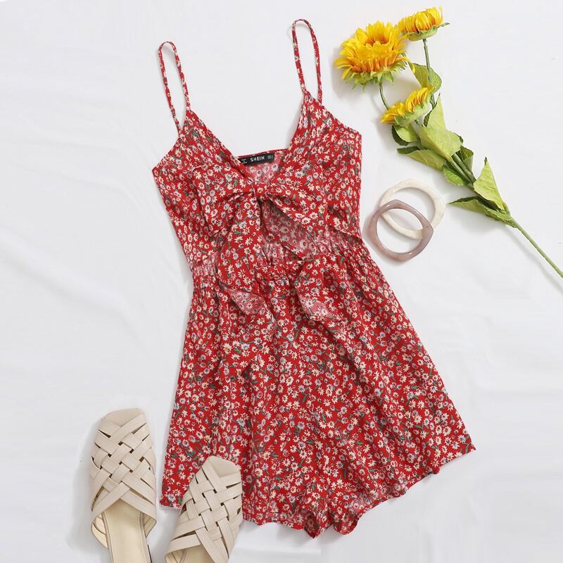 

Ditsy Floral Bow Cutout Cami Romper, Red