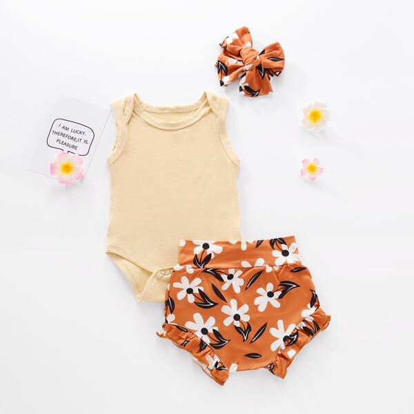 

Baby Girl Bodysuit & Floral Shorts & Headband, Multicolor