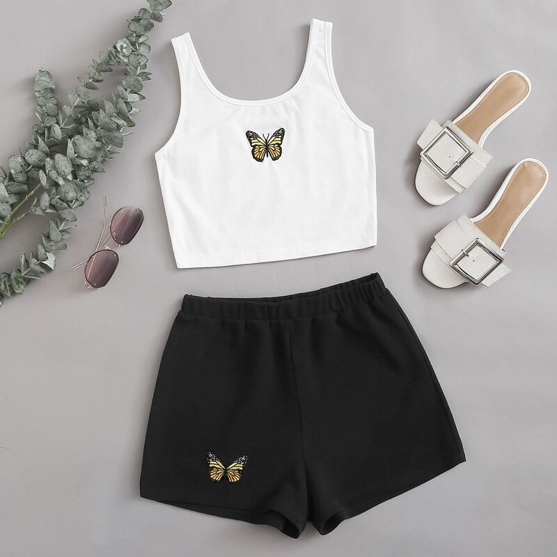 

Butterfly Graphic Cropped Tank Top & Shorts Set, Black and white