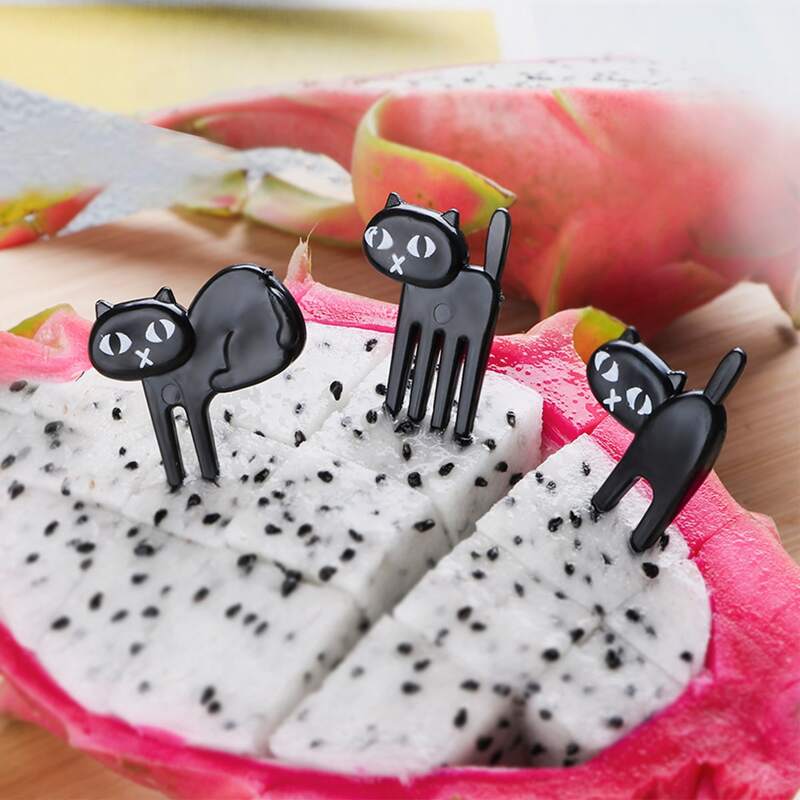 

6pcs Cat Design Fruit Fork, Black