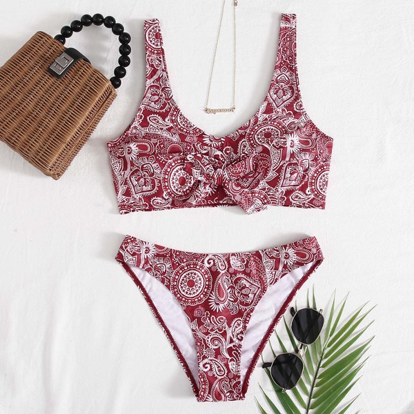 

Tribal Knot Front Bikini Swimsuit, Red and white