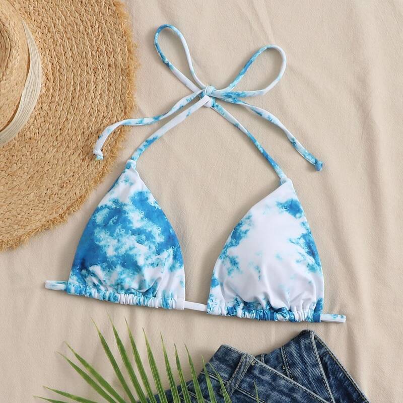 

Tie Dye Halter Triangle Bikini Top, Blue and white