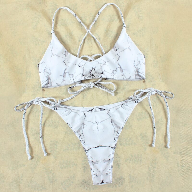 

Marble Print Tie Side Bikini Swimsuit, White