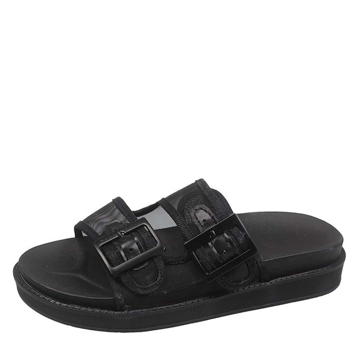 

Mesh Buckle Wide Fit Slippers, Black