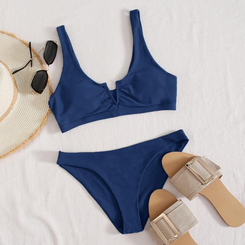 

Solid V Wired Bikini Swimsuit, Navy blue