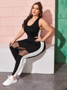 SHEIN Plus Crisscross Back Letter Graphic Mesh Insert Jumpsuit - Black - View 4