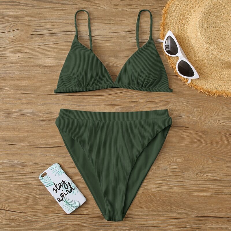 

Rib Triangle High Waisted Bikini Swimsuit, Army green