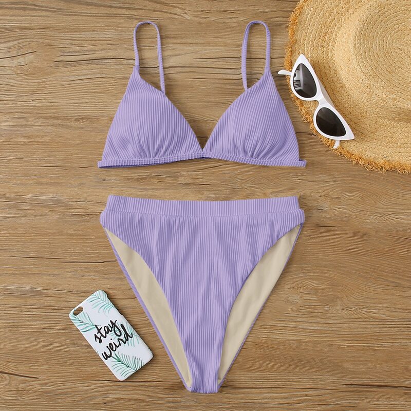 

Rib Triangle High Waisted Bikini Swimsuit, Pastel lilac purple