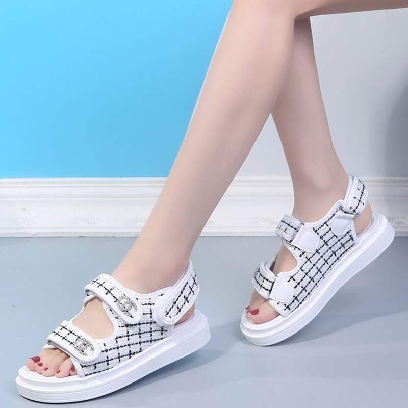 

Plaid Tweed Midform Sandals, White