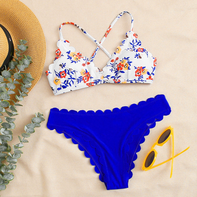 

Floral Scallop Tie Back Bikini Swimsuit, Multicolor