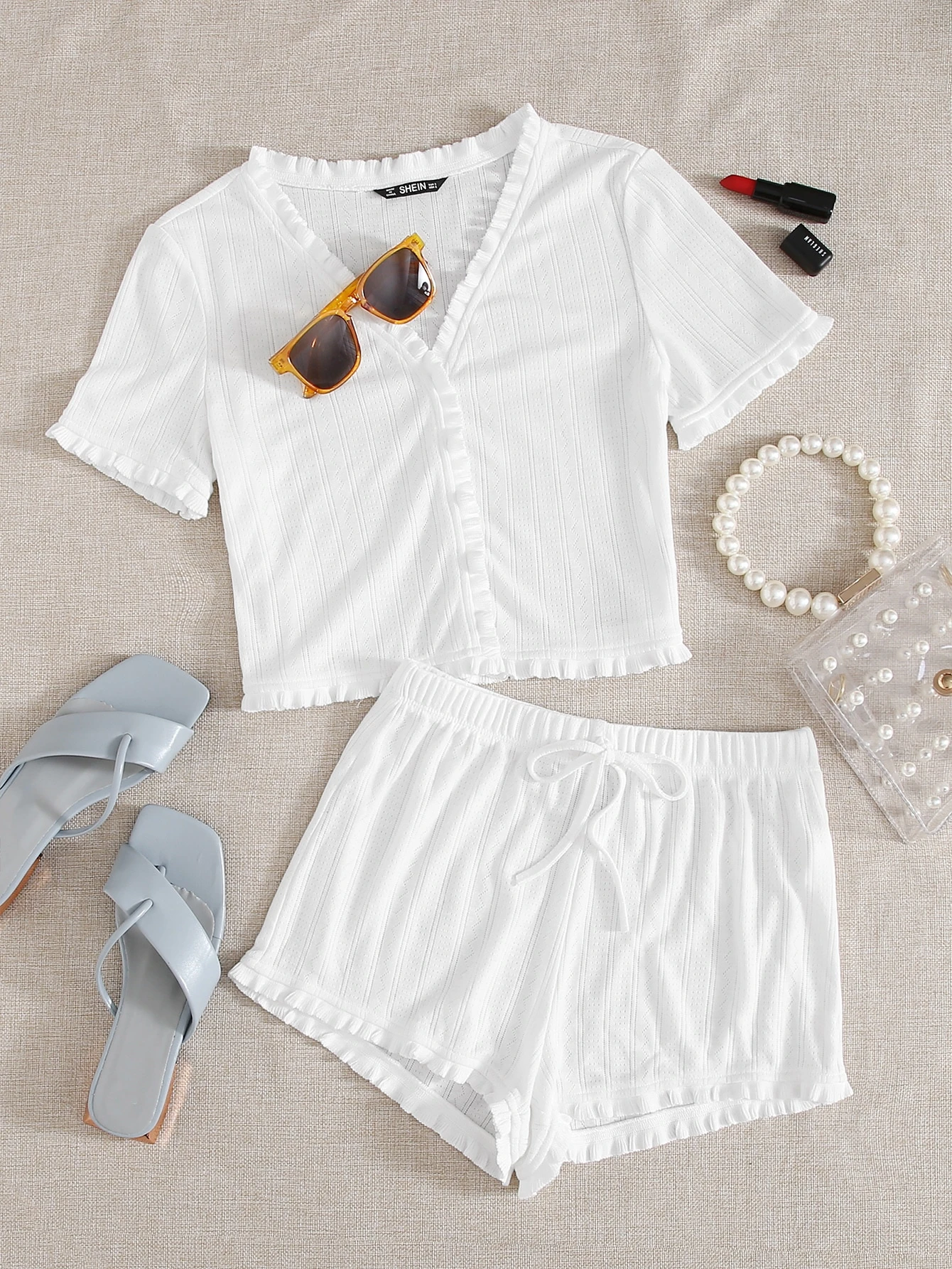 Frill Trim Rib-knit Top \u0026 Shorts Set 