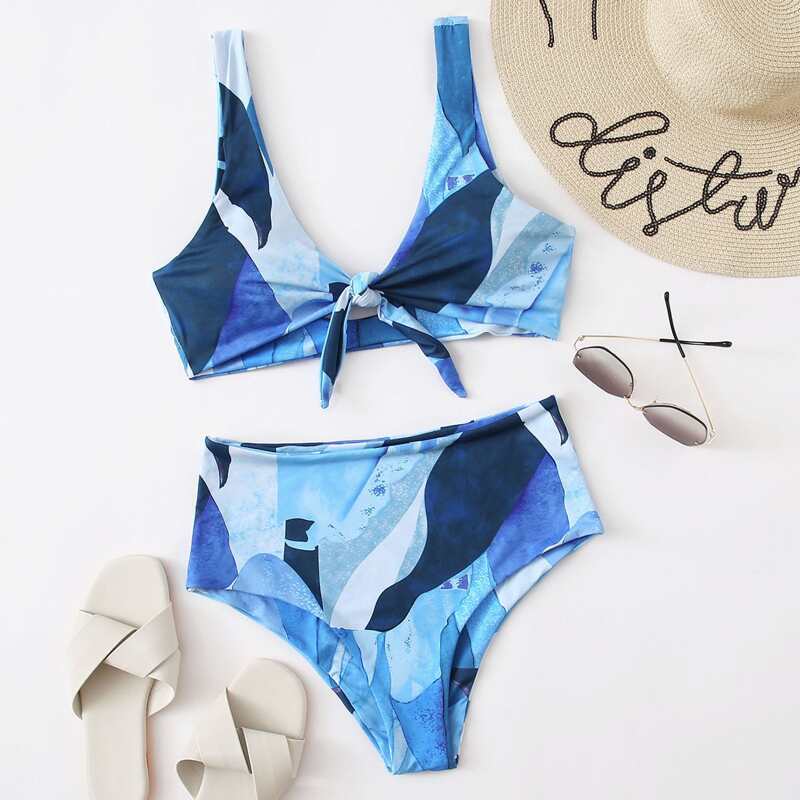 

Allover Graphic Knot Front Bikini Swimsuit, Blue