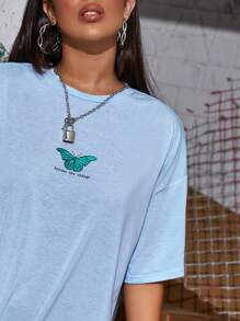 SHEIN Unity Áo thun Thú vật Màu xanh nhạt Giải trí - Màu xanh nhạt - Xem 3