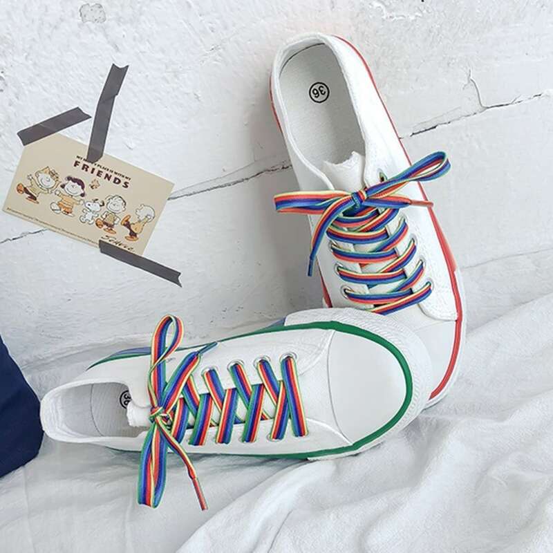 

Rainbow Stripe Lace-up Mismatched Sneakers, White