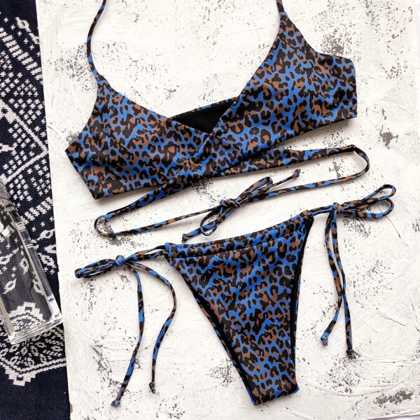 

Leopard Wrap Tie Side Bikini Swimsuit, Multicolor