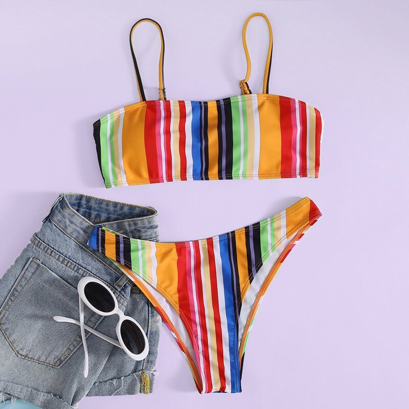 

Colorful Stripe Print Bikini Swimsuit, Multicolor