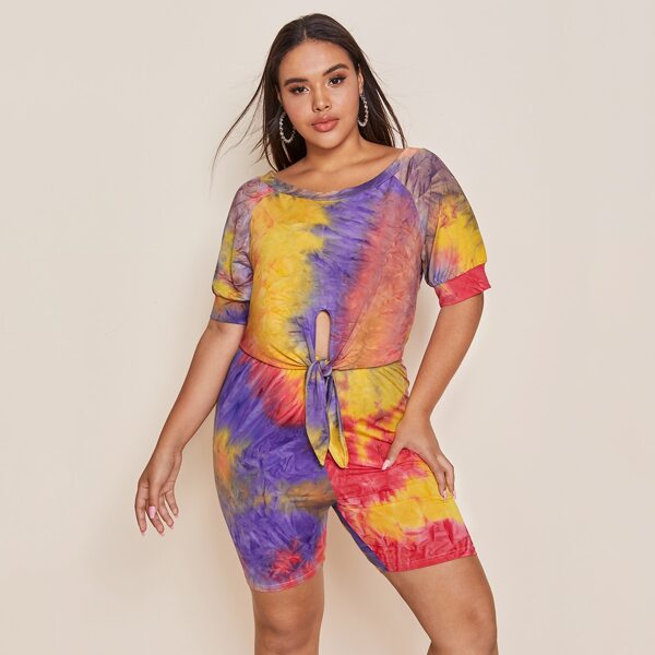 

Plus Tie Dye Tie Front Top With Biker Shorts, Multicolor