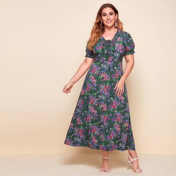 

Plus Floral Print Lace Up Frill Trim A-line Dress, Multicolor