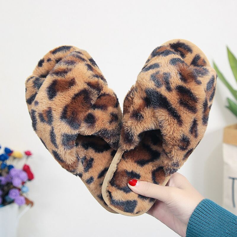 

Leopard Cross Strap Fluffy Slippers, Coffee brown