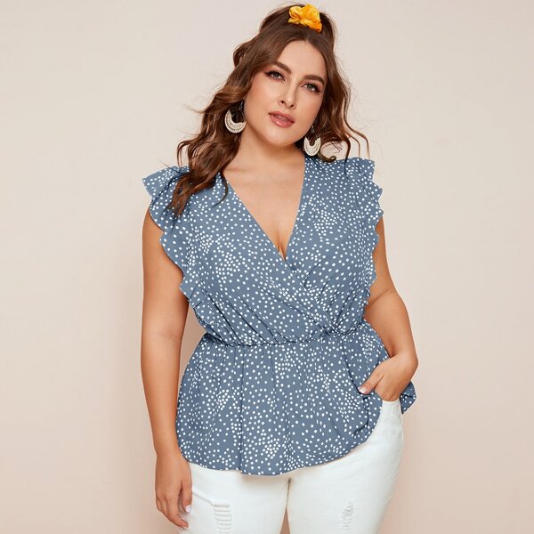 

Plus Polka Dot Ruffle Trim Peplum Blouse, Dusty blue