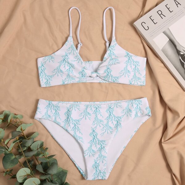 

Plant Print Knot Bikini Swimsuit, Blue and white