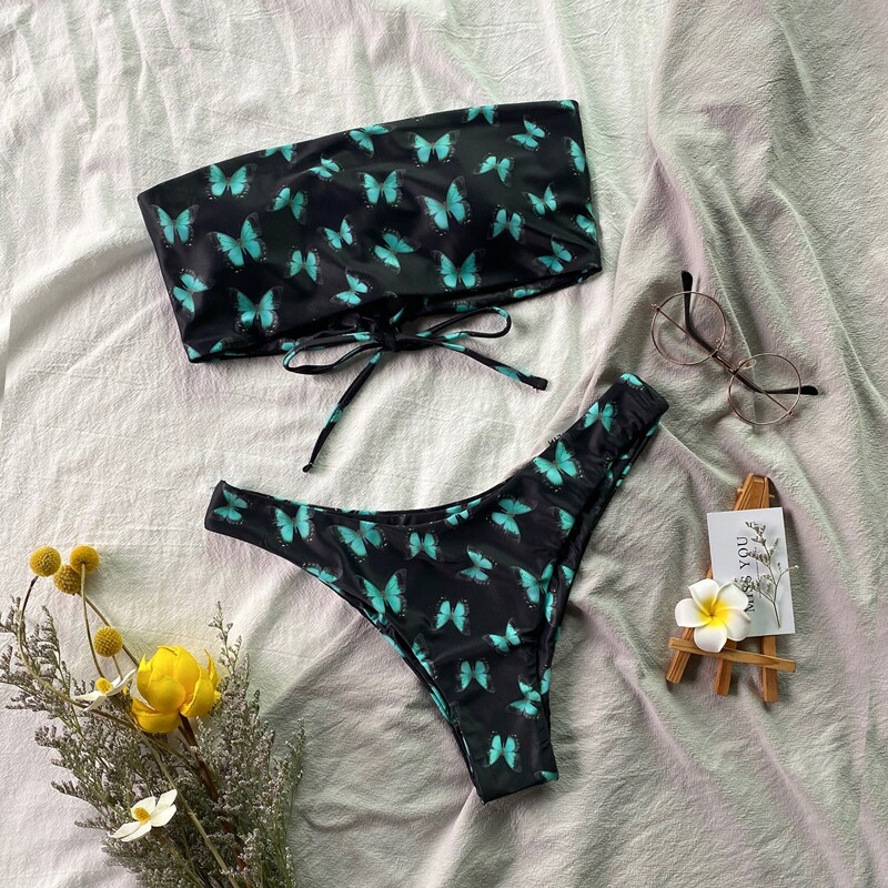 

Butterfly Print Bandeau High Cut Bikini Swimsuit, Black