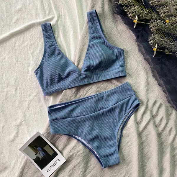 

Rib High Waisted Bikini Swimsuit, Dusty blue