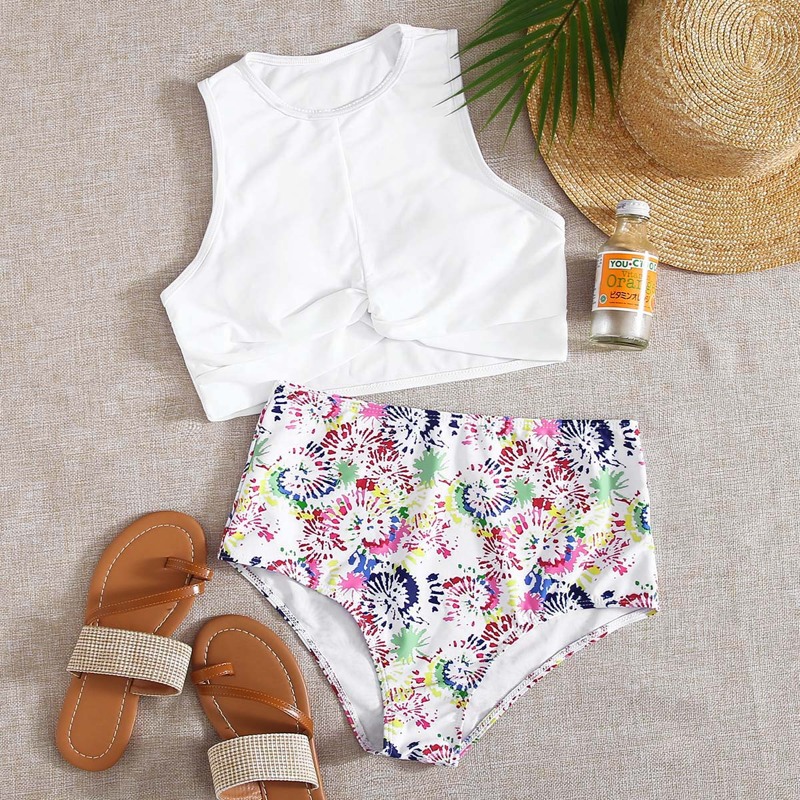 

Tie Dye Twist High Waisted Bikini Swimsuit, White