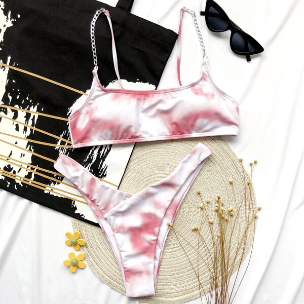 

Tie Dye High Cut Bikini Swimsuit, Red and white