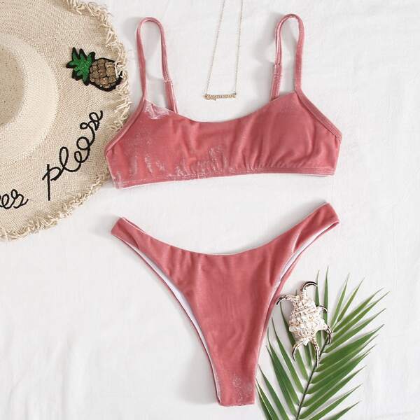 

Velvet High Cut Bikini Swimsuit, Pastel dusty pink