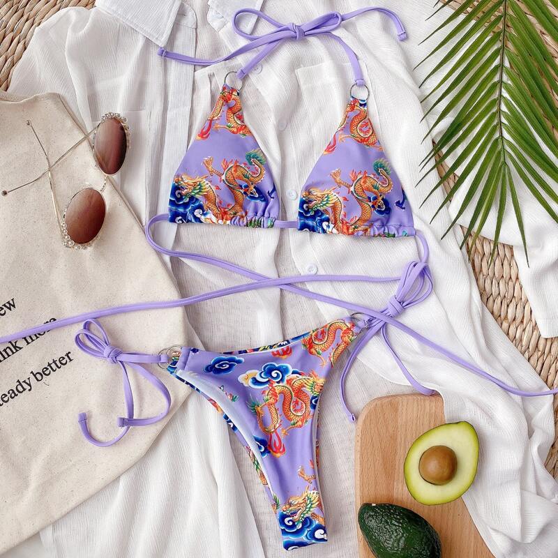 

Dragon Print Triangle Halter Tie Side Bikini Swimsuit, Lilac purple