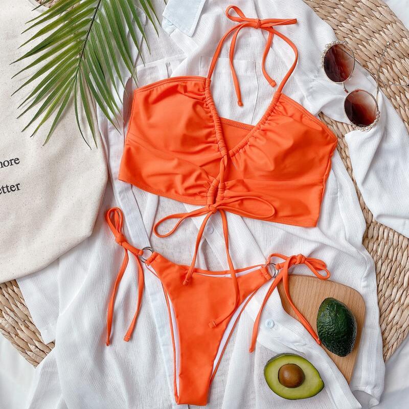 

Knot Front Halter Tie Side Bikini Swimsuit, Orange bright