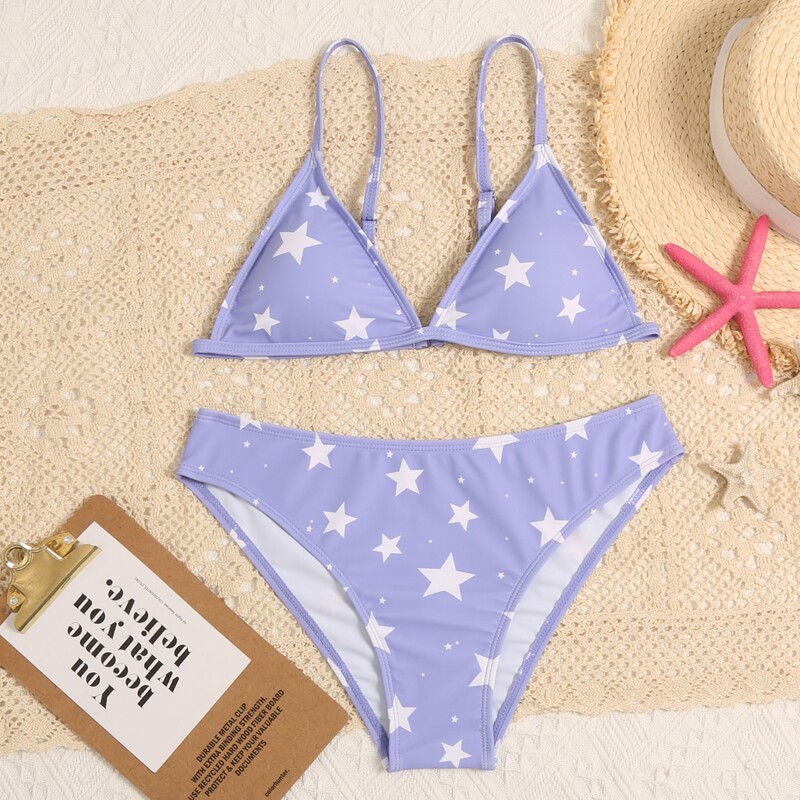 

Star Print Triangle Bikini Swimsuit, Pastel lilac purple