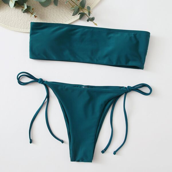 

Bandeau Tie Side Bikini Swimsuit, Teal blue