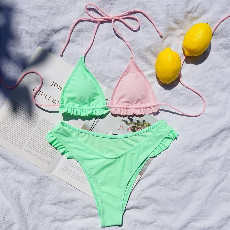 

Two Tone Ruffle Trim Triangle Halter Bikini Swimsuit, Bright mint green