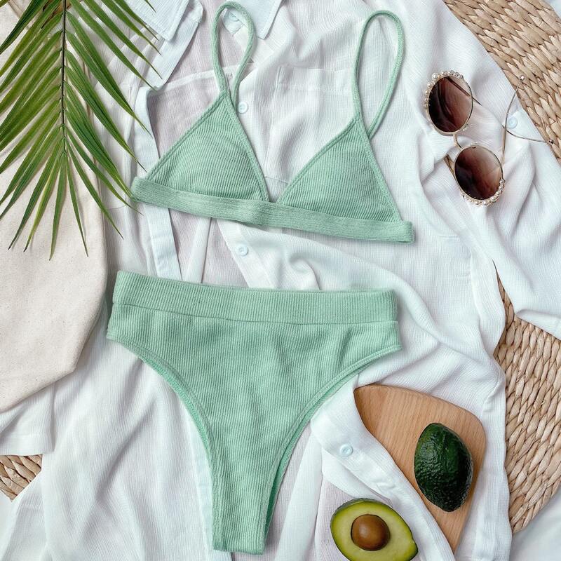 

Rib Triangle High Waisted Bikini Swimsuit, Mint green