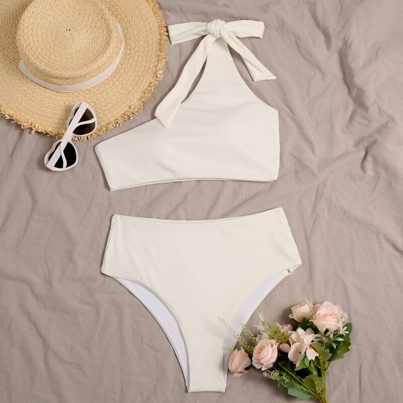 

Rib One Shoulder Bikini Swimsuit, Beige