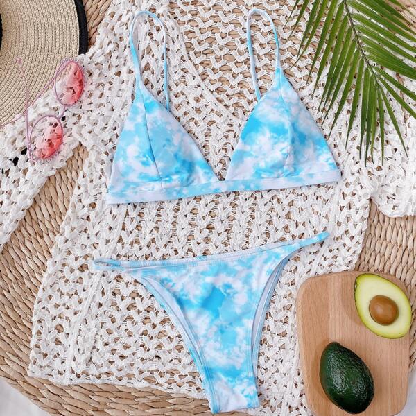 

Tie-Dye Wash Triangle Bikini Swimsuit, Blue and white