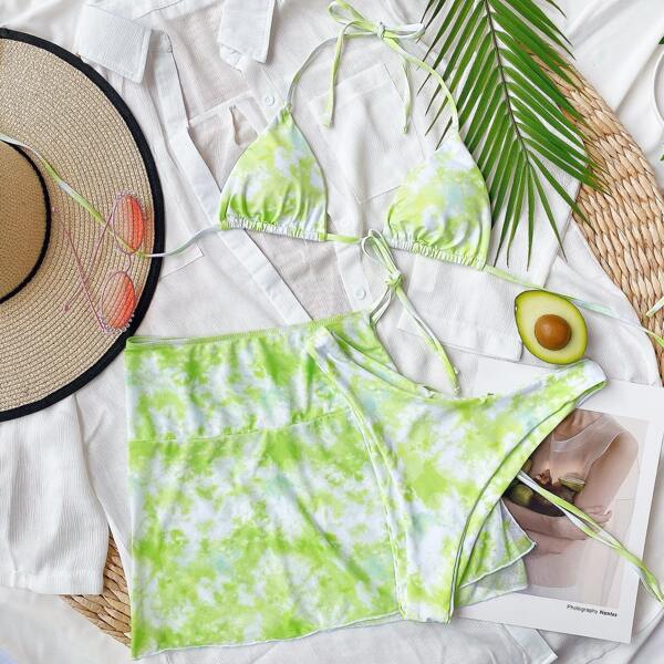 

3pack Tie Dye Triangle Halter Skirt Bikini Swimsuit, Bright lime green