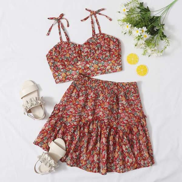

Girls Shirred Back Knot Shoulder Ruched Bust Floral Cami Top & Skirt Set, Multicolor