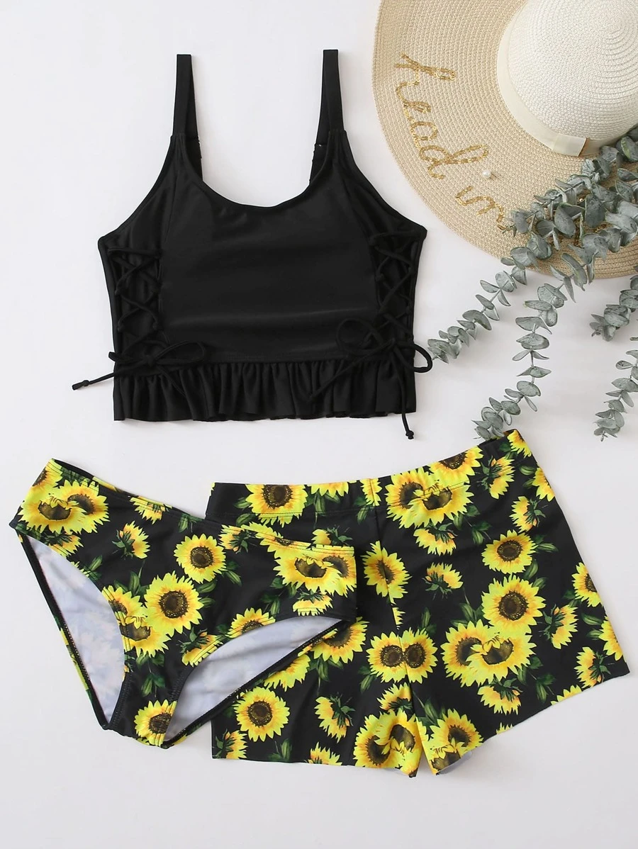 3 paquetes Conjunto de bikini con volantes en el bajo, estilo verano playa - Multicolor - Ver 1