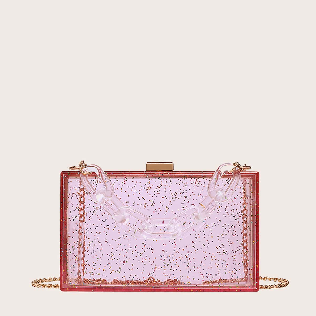 

Clip Top Clear Chain Box Bag, Pink