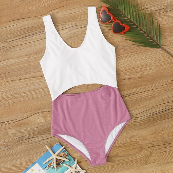 

Rib Two Tone Cut-out One Piece Swimsuit, Multicolor