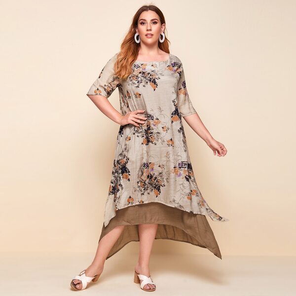 

Plus Floral Print 2 In 1 High Low Tunic Dress, Multicolor