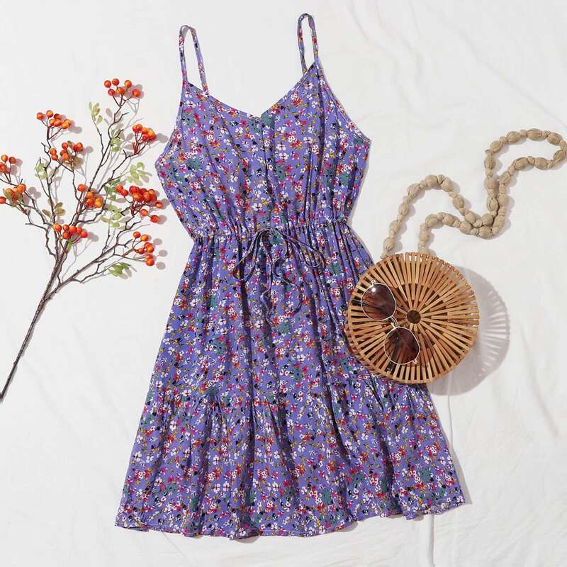 

Ditsy Floral Print Drawstring Waist Ruffle Hem Cami Dress, Violet purple