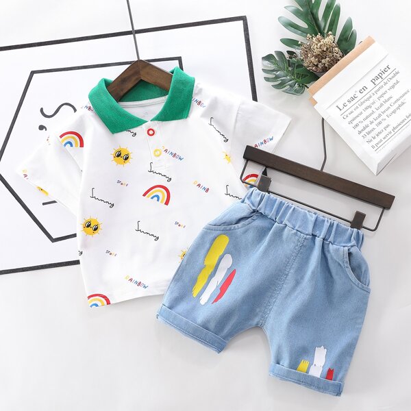 

Toddler Boys Letter & Cartoon Graphic Polo Shirt & Denim Shorts, Blue and white