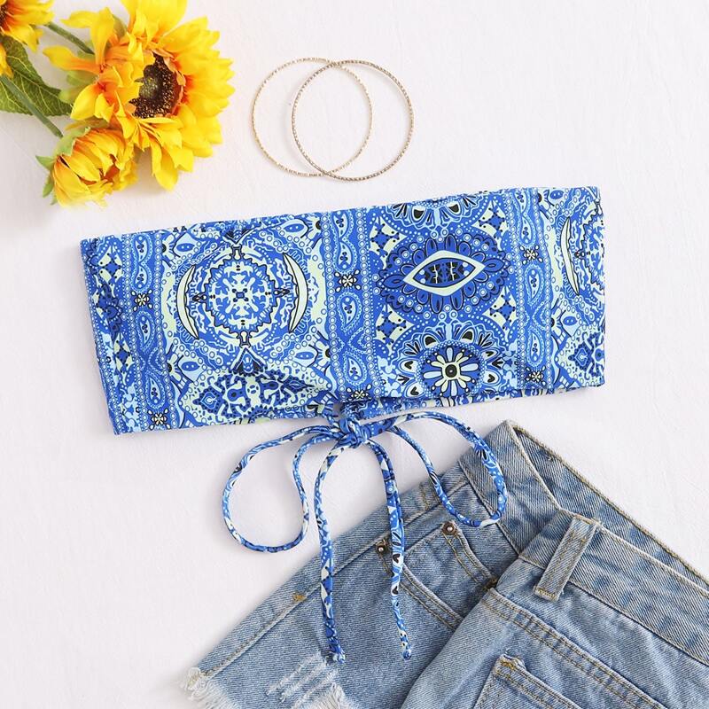 

Tribal Lace Up Bandeau Bikini Top, Blue