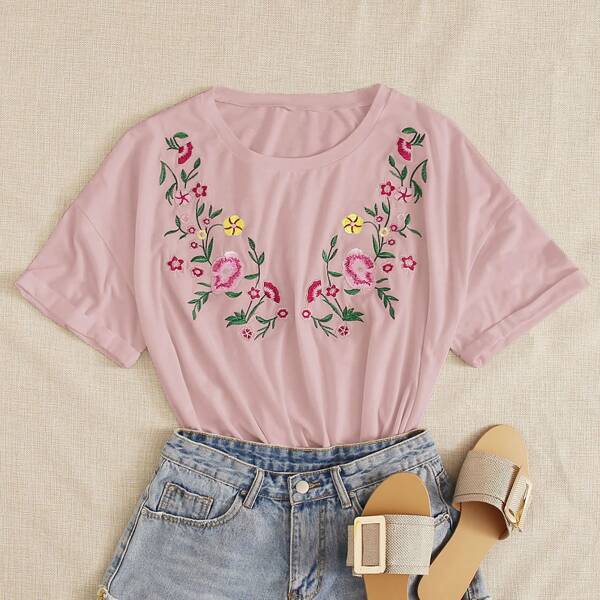 

Plus Floral Embroidered Drop Shoulder Tee, Pastel baby pink