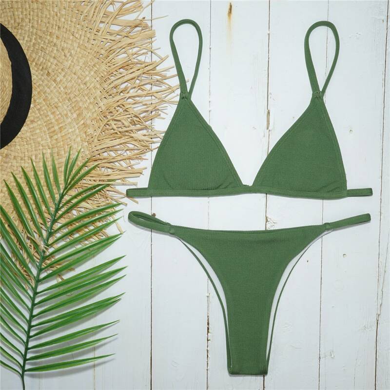 

Rib Triangle Tanga Bikini Swimsuit, Army green